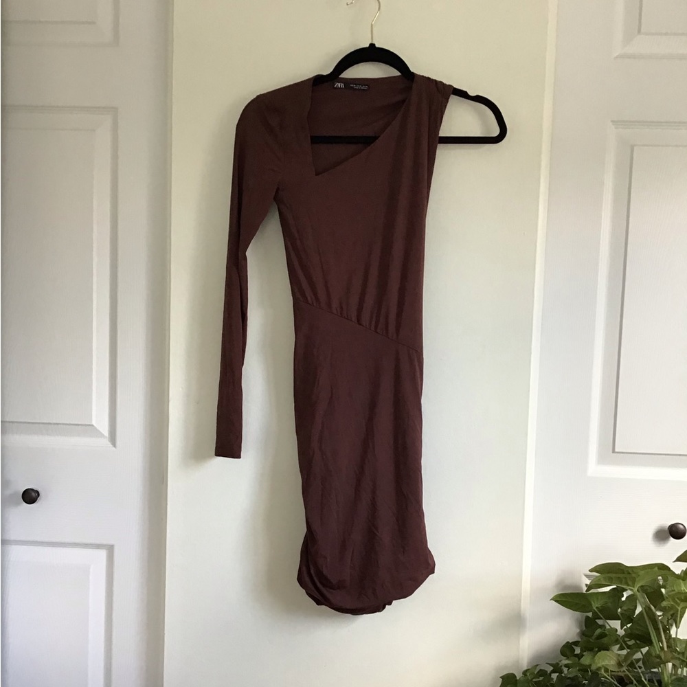 Zara one shoulder long sleeve mini dress - mauve - XS